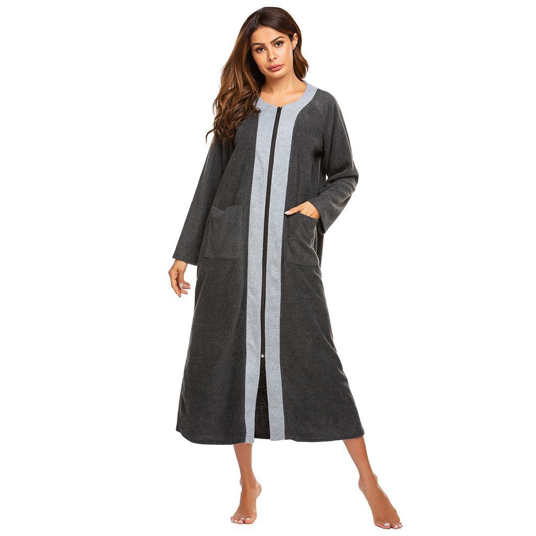 Damen Langer Bademantel mit Kapuze und Taschen Drune