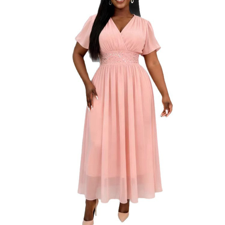 Damen Elegant Fließendes Maxikleid mit V-Ausschnitt und Taillierung Drune