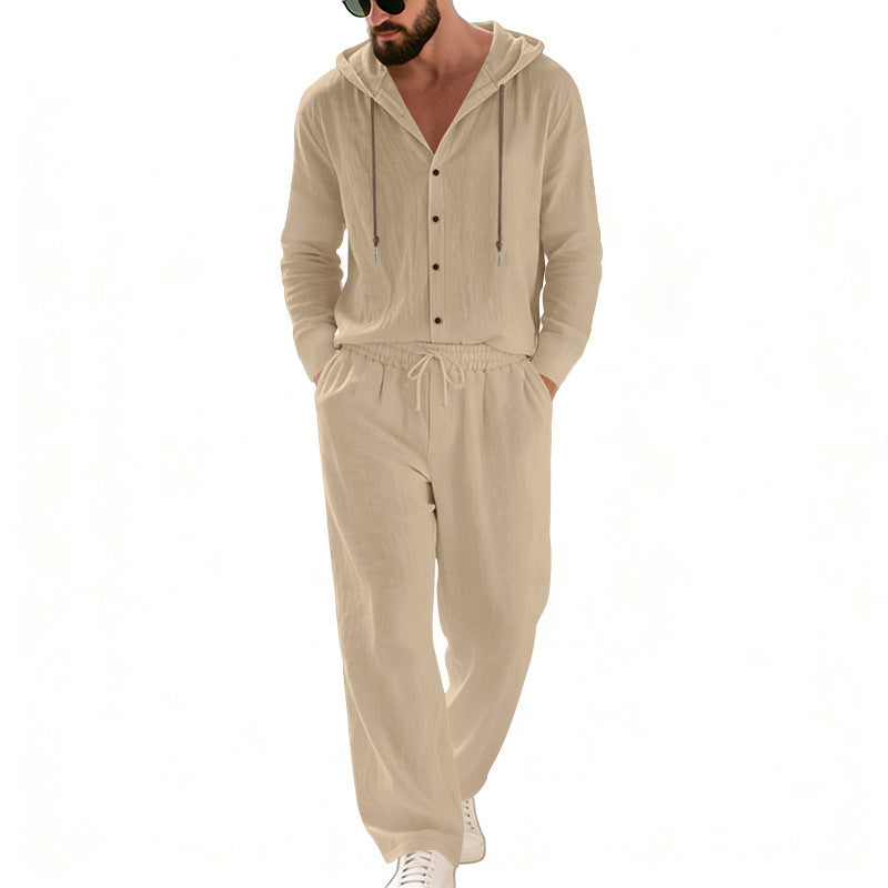 Herren nan legeres Kapuzen-Lounge-Set mit Knopfleiste, Kordelbundhose und seitlichen Eingrifftaschen Drune