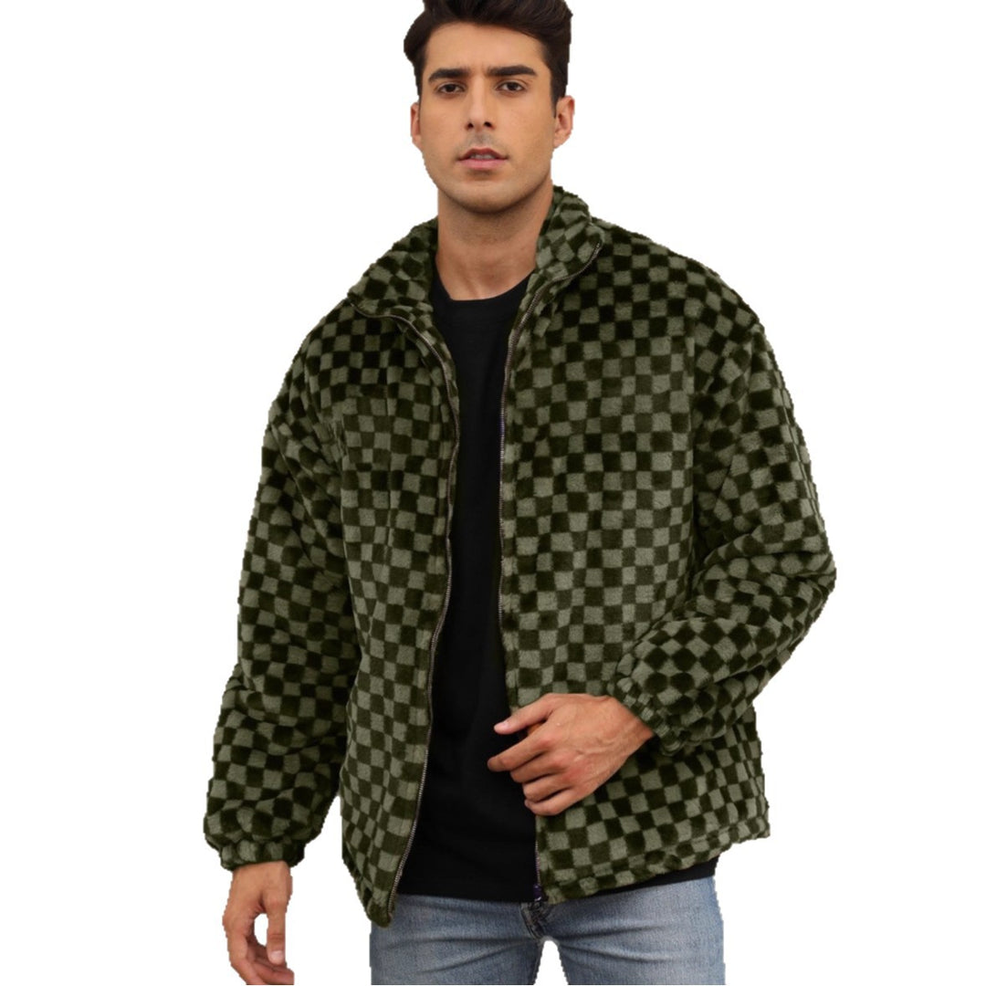Herren Plüschjacke mit Karo-Muster und hohem Kragen Drune