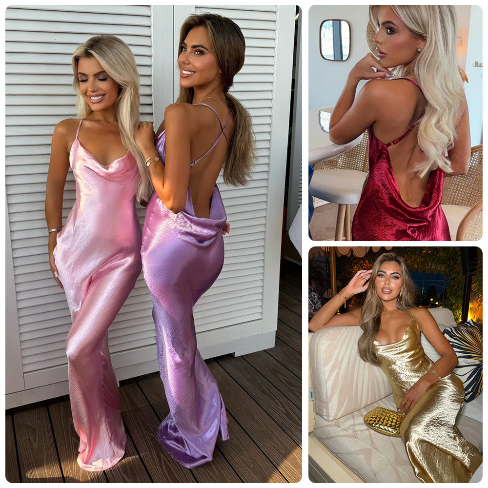 Damen Glamouröses Abendkleid mit schimmerndem Satin und spaghettiträgern Drune