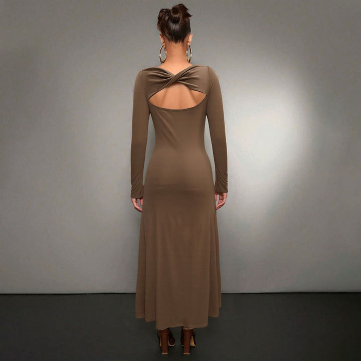 Damen Langarm Midikleid mit elegantem Rundhalsausschnitt und schwingendem Saum Drune