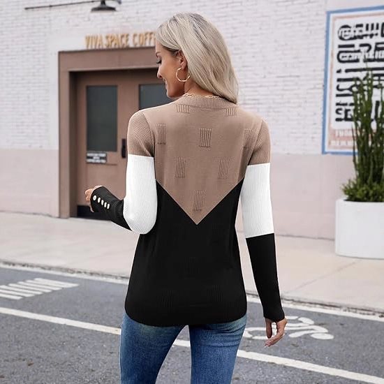 Damen Modischer V-Ausschnitt Pullover mit Farbblock und Knopfdetails Drune
