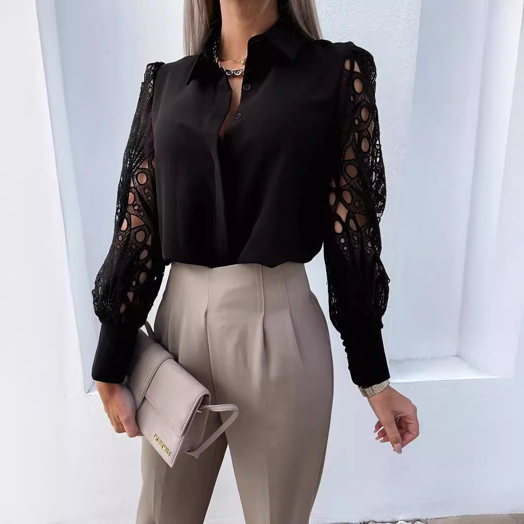 Damen Bluse mit voluminösen Spitzenärmel und elegantem Kragen Drune