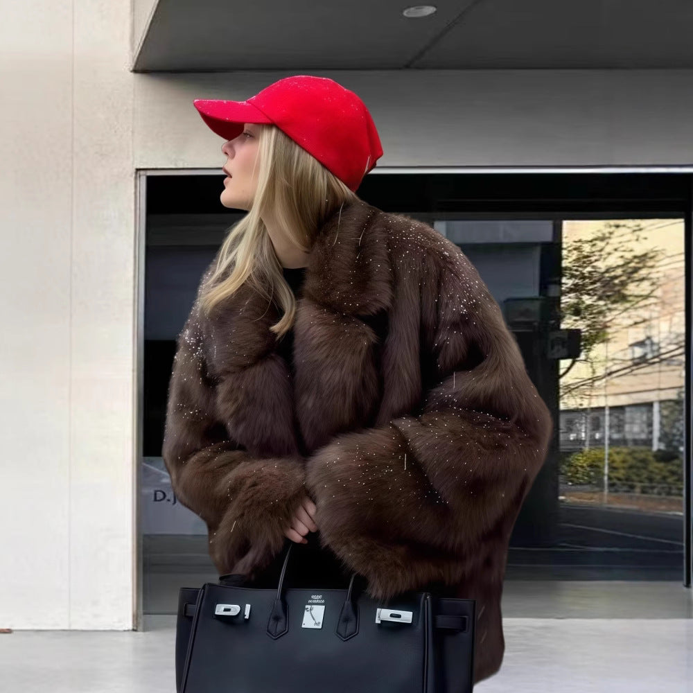 Damen Fleece-Felljacke mit funkelnden Details und voluminösem Schnitt Drune