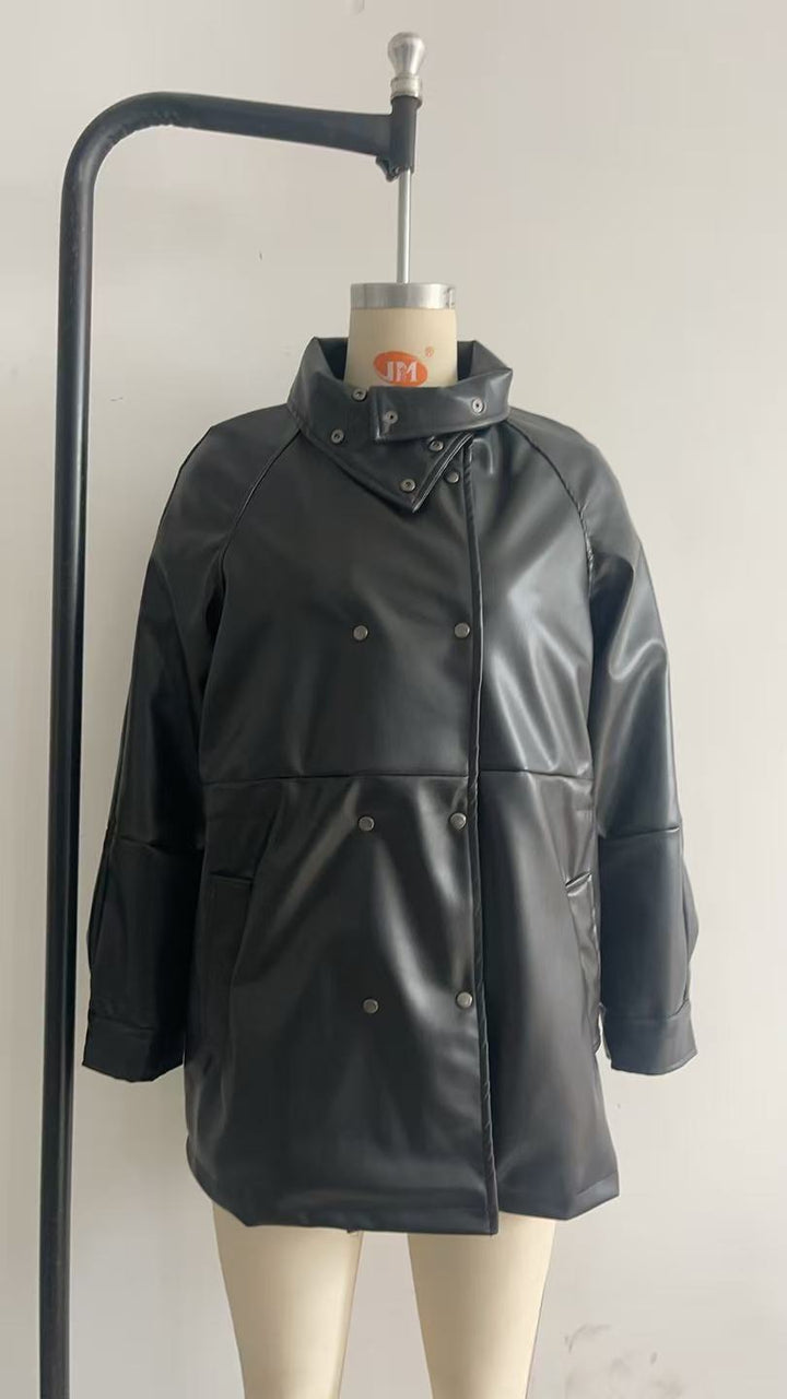 Damen Modische Kunstlederjacke mit hohen Kragen und praktischen Taschen Drune