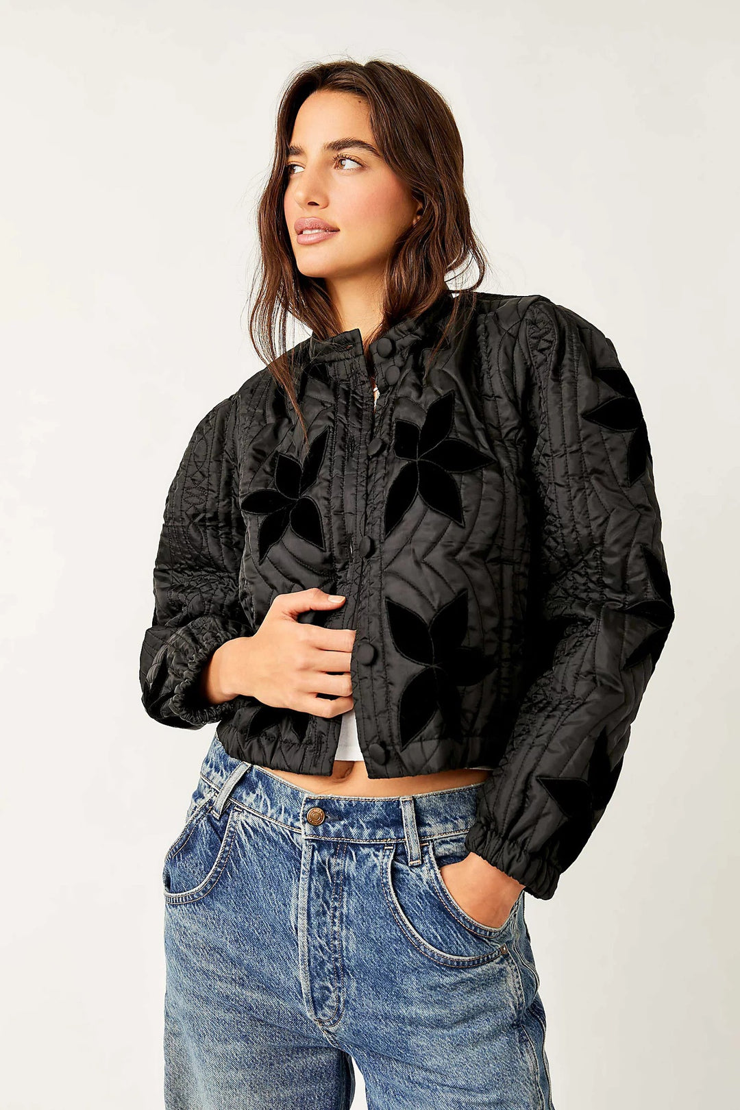 Damen gesteppte Bomberjacke mit floralem Design und elastischen Bündchen Drune