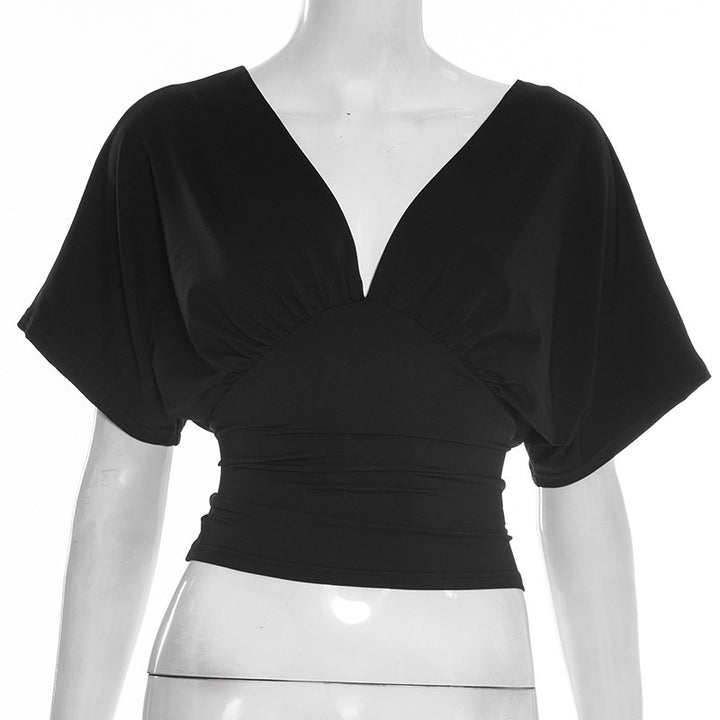 Damen elegantes Wickeloberteil mit voluminösenÄrmeln und tiefem V-Ausschnitt Drune