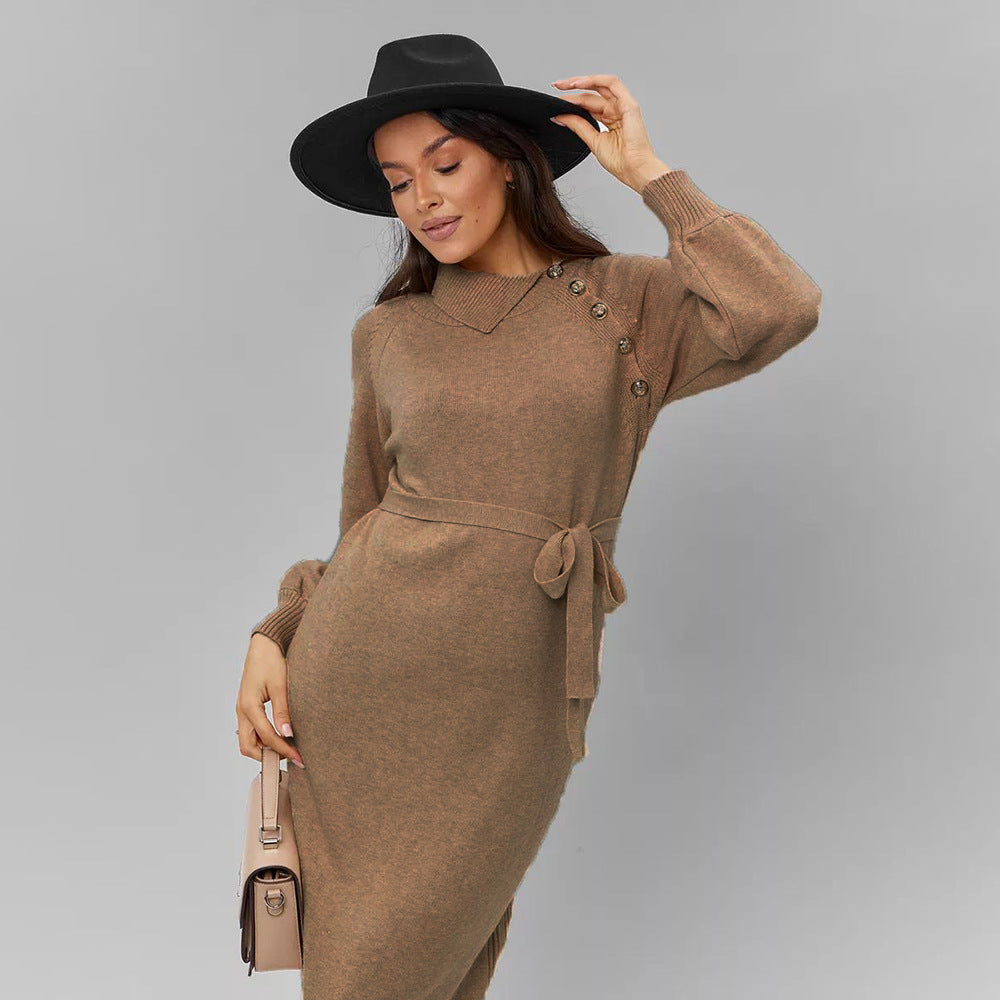 Damen Elegantes Strickkleid mit taillierendem Gürtel und modischen Knopfdetails Drune