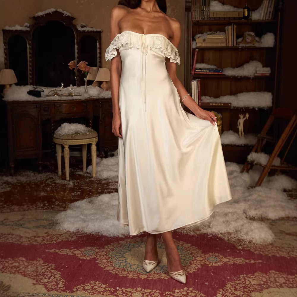 Damen Elegantes bodenlanges Kleid mit Spitzenbesatz Drune