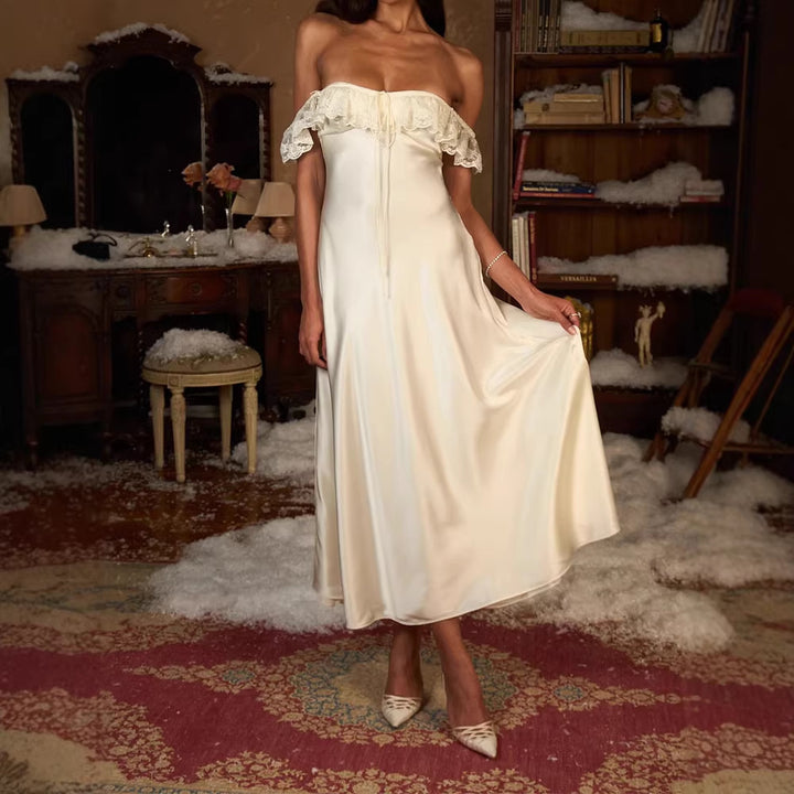 Damen Elegantes bodenlanges Kleid mit Spitzenbesatz Drune