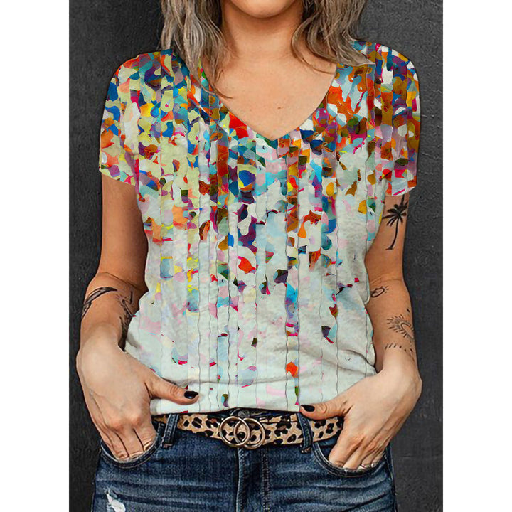 Damen V-Ausschnitt T-Shirt mit floralem Überblendedesign Drune