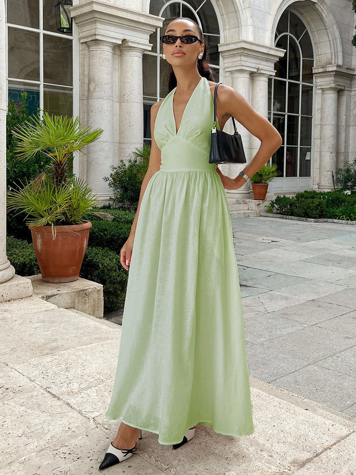 Damen Maxikleid mit tieferem V-Ausschnitt und fließendem Rock Drune