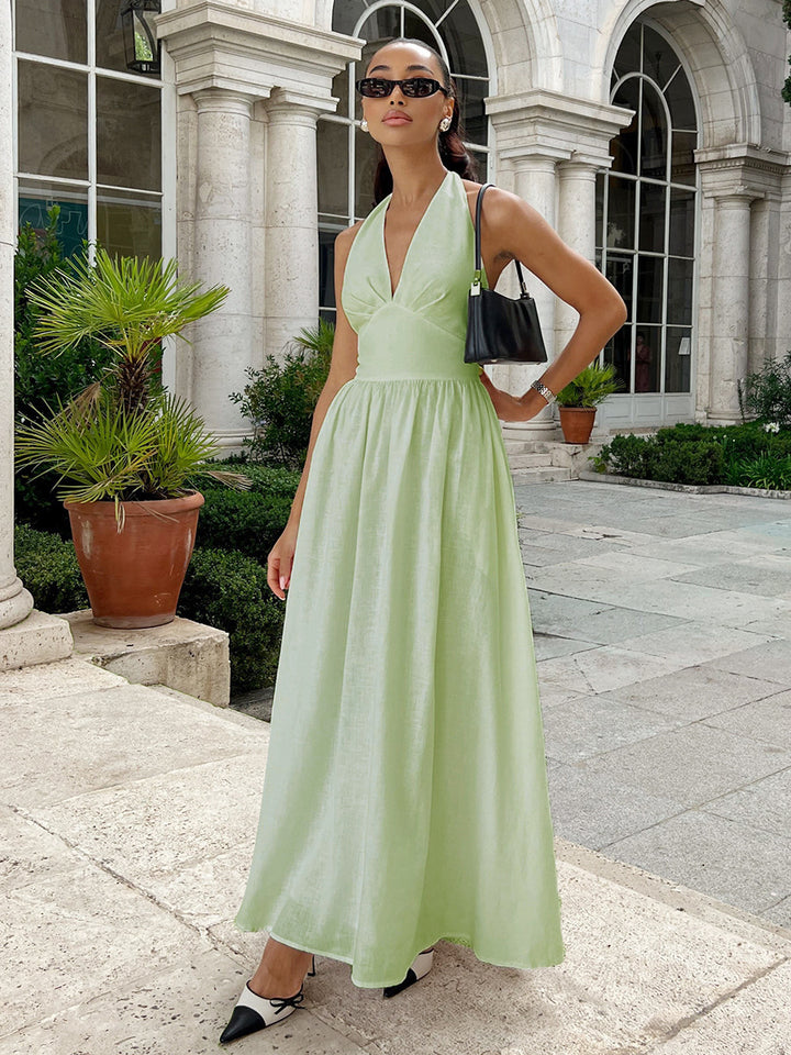 Damen Maxikleid mit tieferem V-Ausschnitt und fließendem Rock Drune