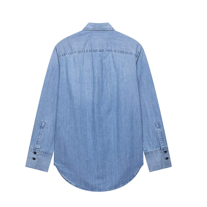 Damen nan Chambray-Bluse mit Rüschenknopfleiste, Hemdkragen und verlängertem Saum Drune