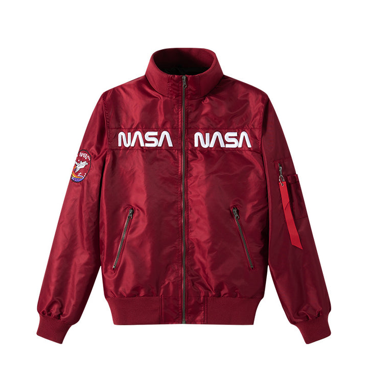 Herren o-Glanz-Technik-Bomber mit gestickten NASA-Brustpaneelen und Ärmeltasche Drune