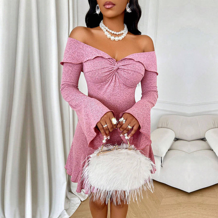 Damen schulterfreies Minikleid mit Rüschendetails und weitem Ärmel Drune