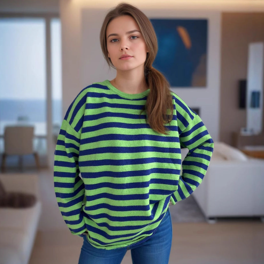 Damen lässiger Oversize-Pullover mit breiten Streifen Drune