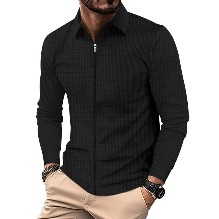 Herren nan feinstrukturiertes Langarm-Zipshirt mit Kentkragen und Waffelstruktur Drune
