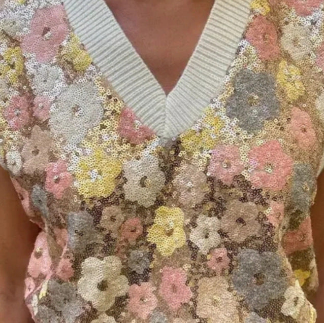 Damen Glamouröses Strickoberteil mit Blumenapplikationen und funkelnden Pailletten Drune