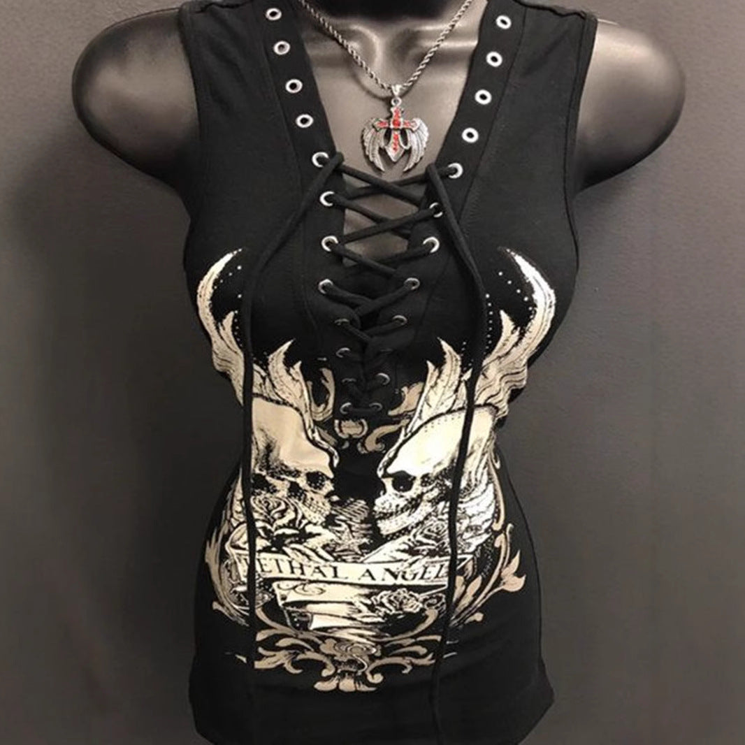 Damen Rockabilly Kleid mit Schnüroptik und grafischem Print Drune