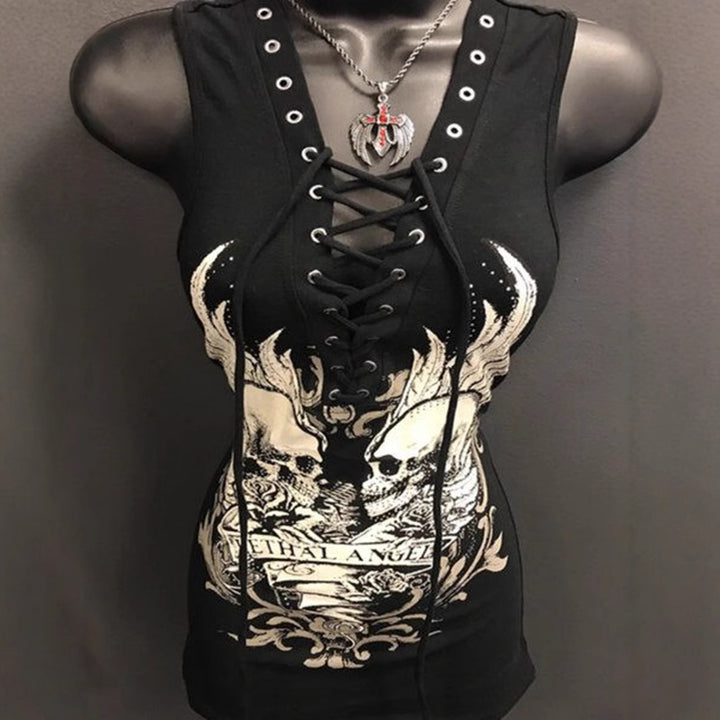 Damen Rockabilly Kleid mit Schnüroptik und grafischem Print Drune