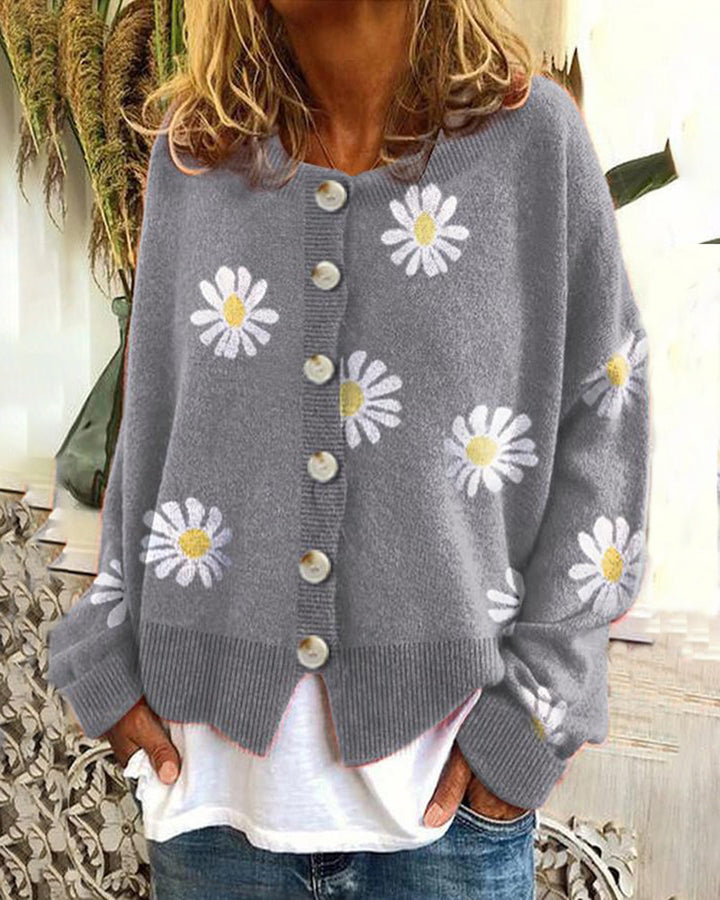 Damen Casual Strickjacke mit Blumendruck und Knopfdetails Drune