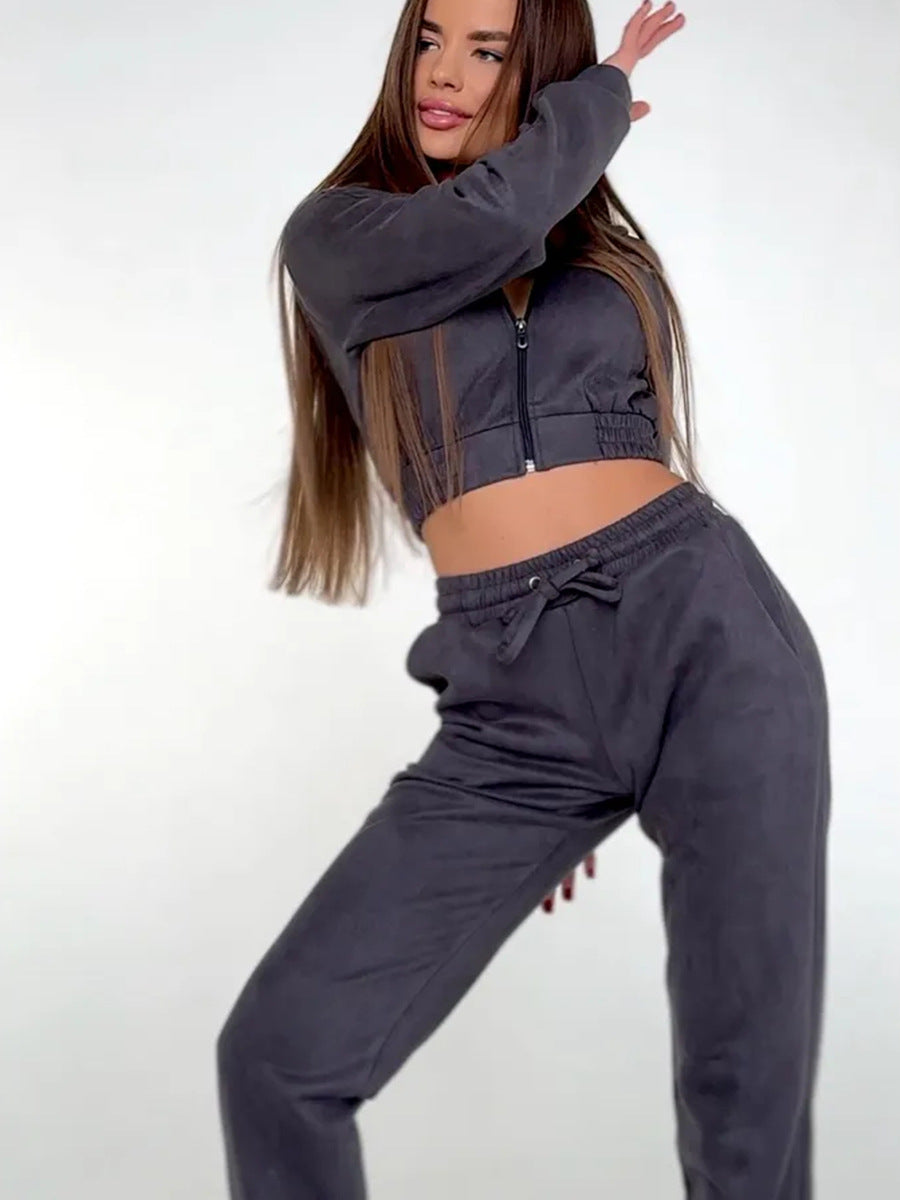 Damen Sportliches Fleece-Cropped-Set mit Kapuze und elastischem Bund Drune