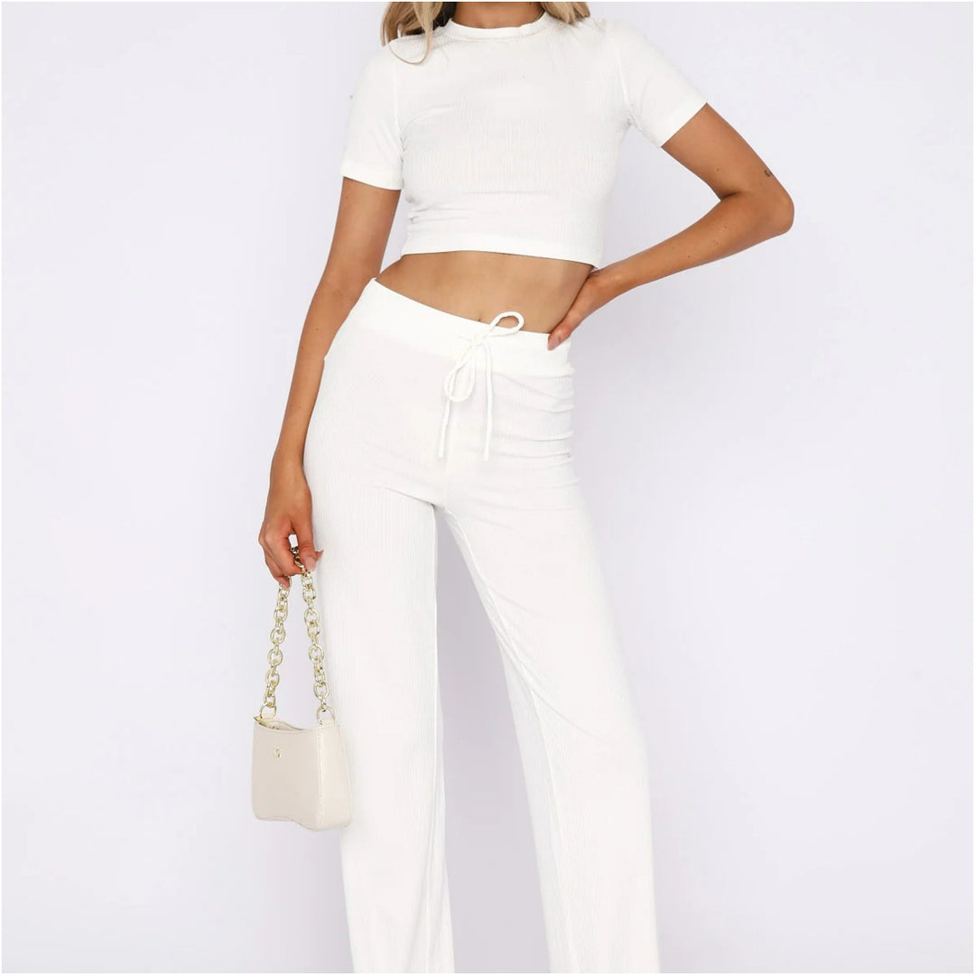 Damen lässiges Rippstrick-Cropped-Oberteil und Hose Set Drune