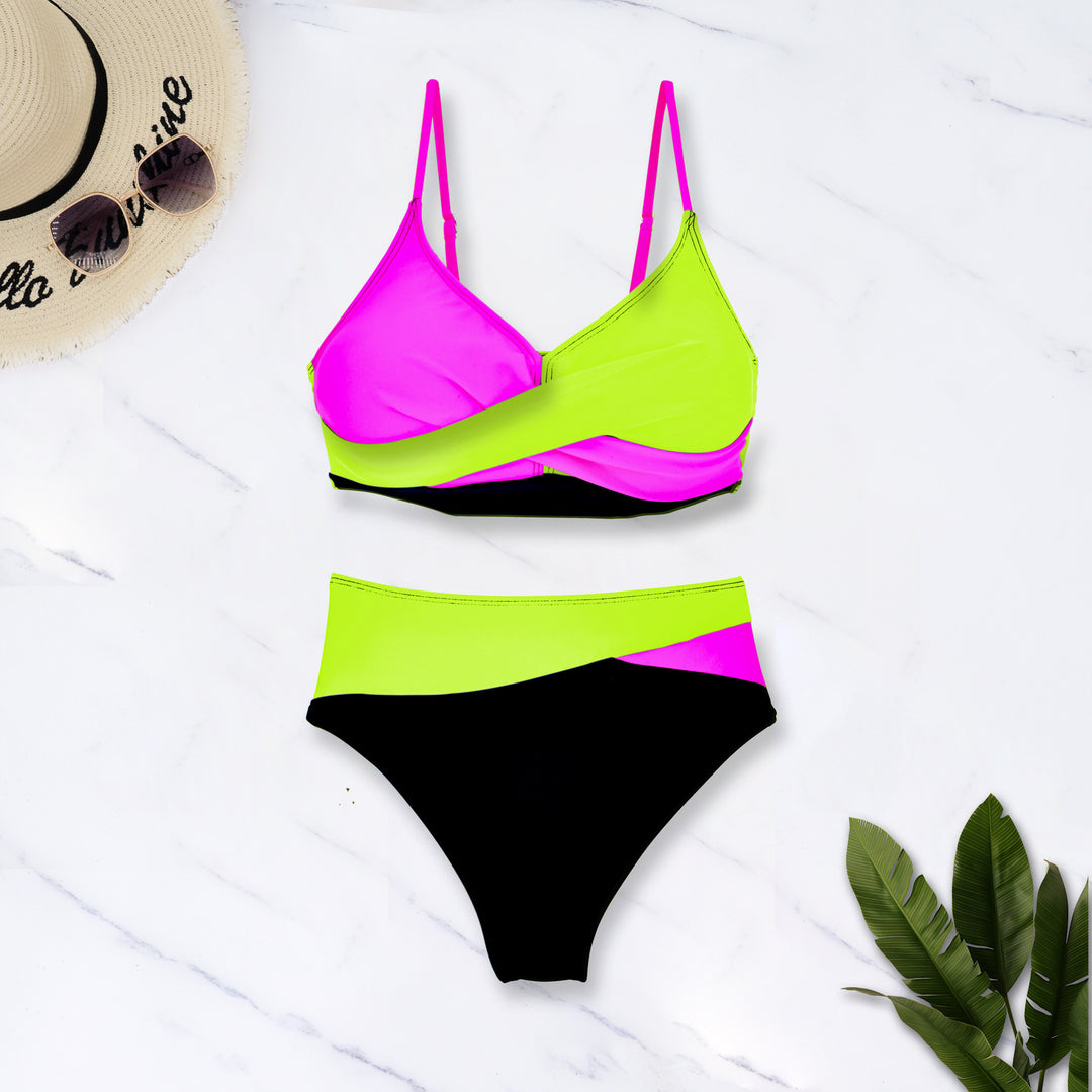 Damen Bunt gemusterter Bikini mit crossed Design und hohem Bund Drune