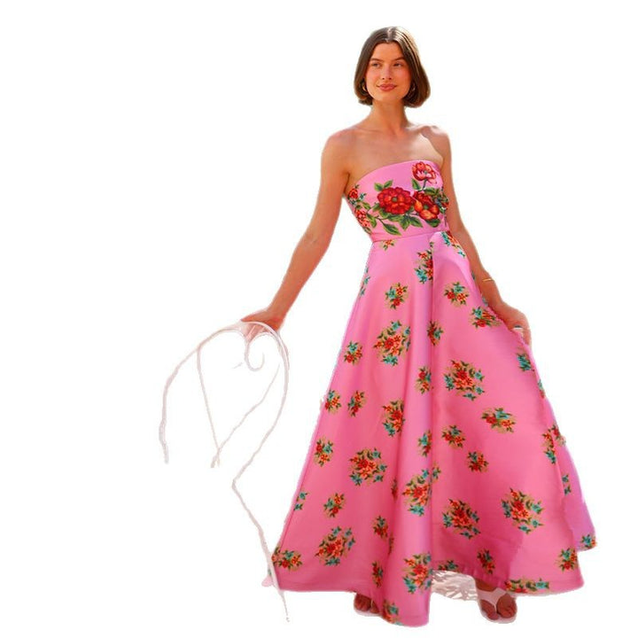 Damen Strapless Maxikleid mit floralem Design Drune