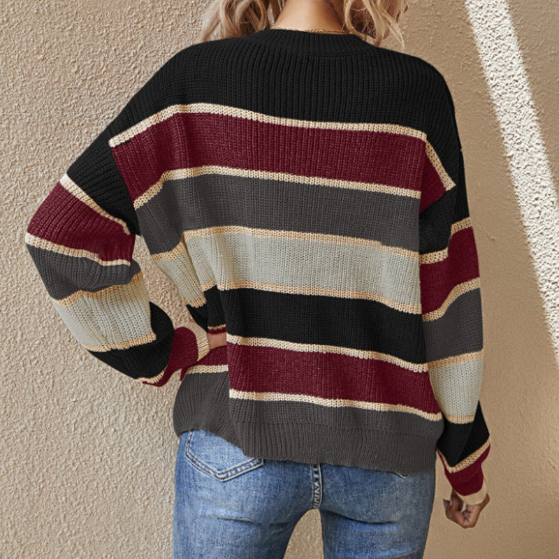Damen lässiger Pullover mit breiten Blockstreifen Drune