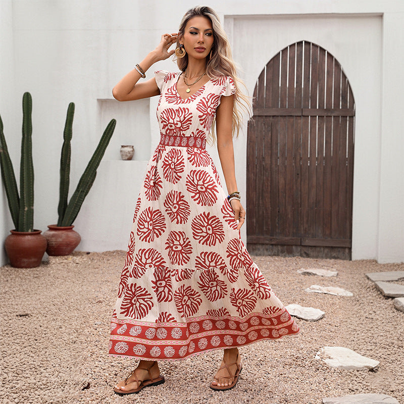 Damen Maxikleid mit floralem Muster und Rüschenabschlüssen Drune