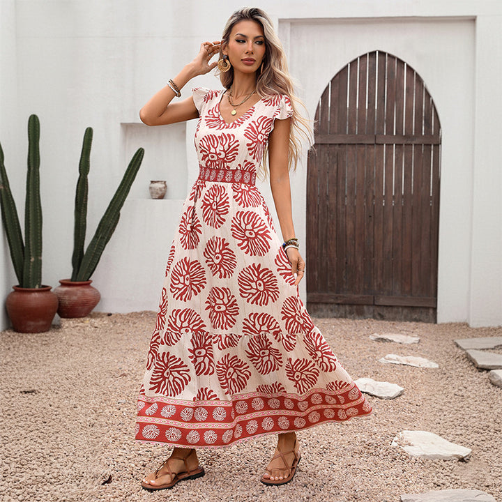 Damen Maxikleid mit floralem Muster und Rüschenabschlüssen Drune