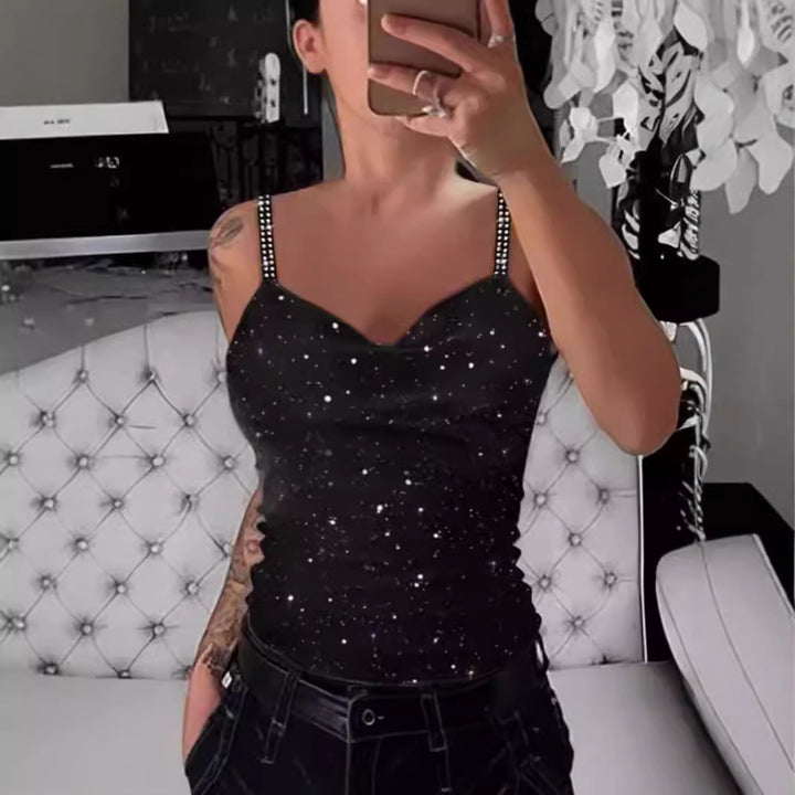 Damen Elegante Spaghetti-Träger Top mit Glitzer-Details Drune