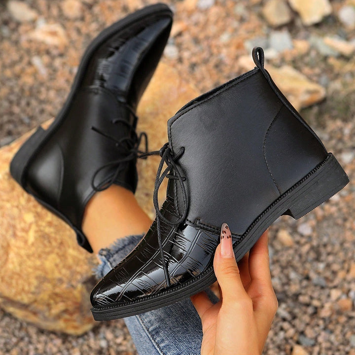 Damen modische Lederstiefeletten mit glänzenden Akzenten und Schnürung Drune