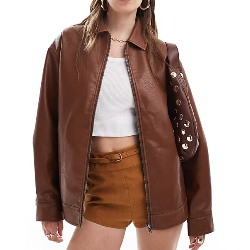Damen Kunstlederjacke mit lässigem Schnitt und praktischen Reißverschlusstaschen Drune