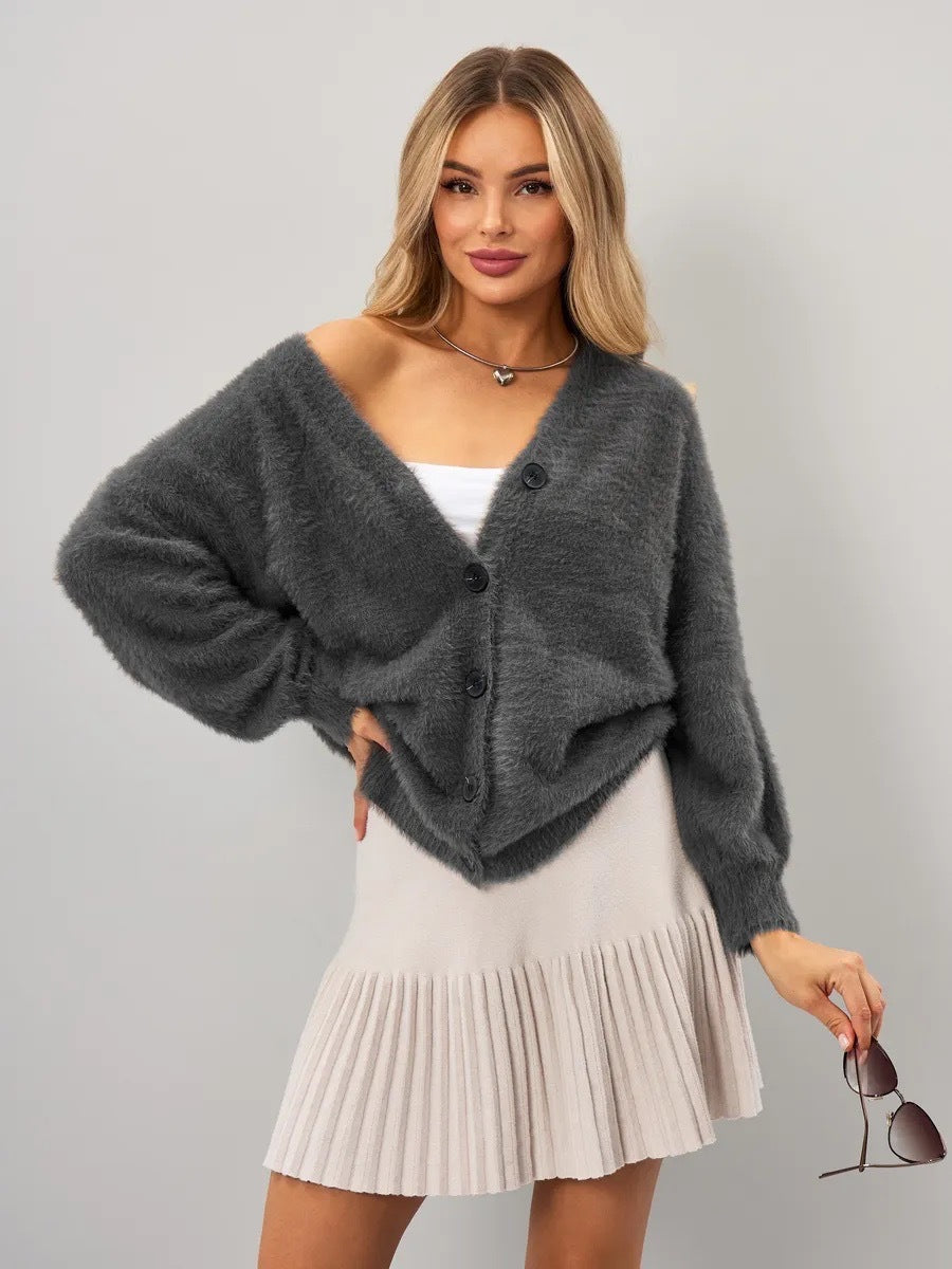 Damen Flauschiger Cardigan mit tiefem V-Ausschnitt und Knopfdetails Drune