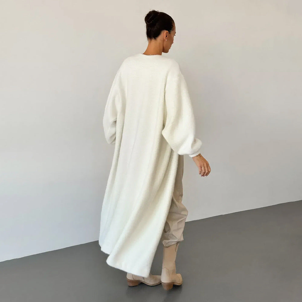 Damen Langer, eleganter Morgenmantel aus weicher Wolle mit Gürtel und oversized Schnitt Drune
