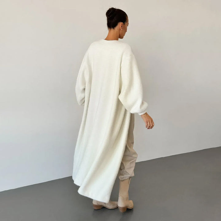 Damen Langer, eleganter Morgenmantel aus weicher Wolle mit Gürtel und oversized Schnitt Drune