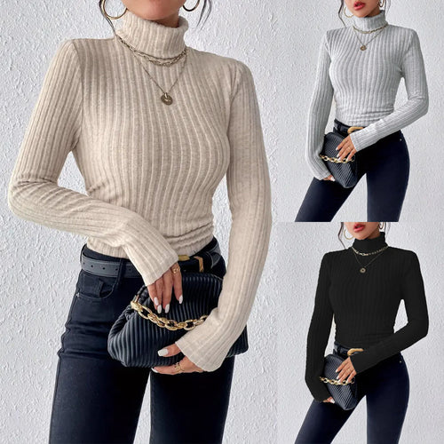 Damen elegantes Rippstrick-Oberteil mit hohem Kragen und längerem Schnitt Drune