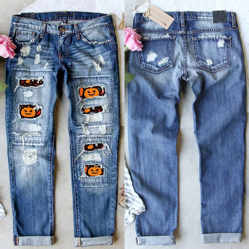 Damen Destroyed Jeans mit einzigartigen Halloween-Designs Drune
