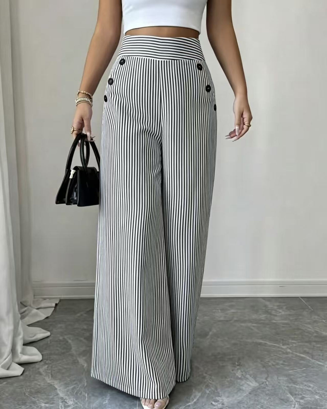 Damen nan hochgeschnittene Palazzo-Hose mit maritimen Knopfdetails und weitem Bein Drune