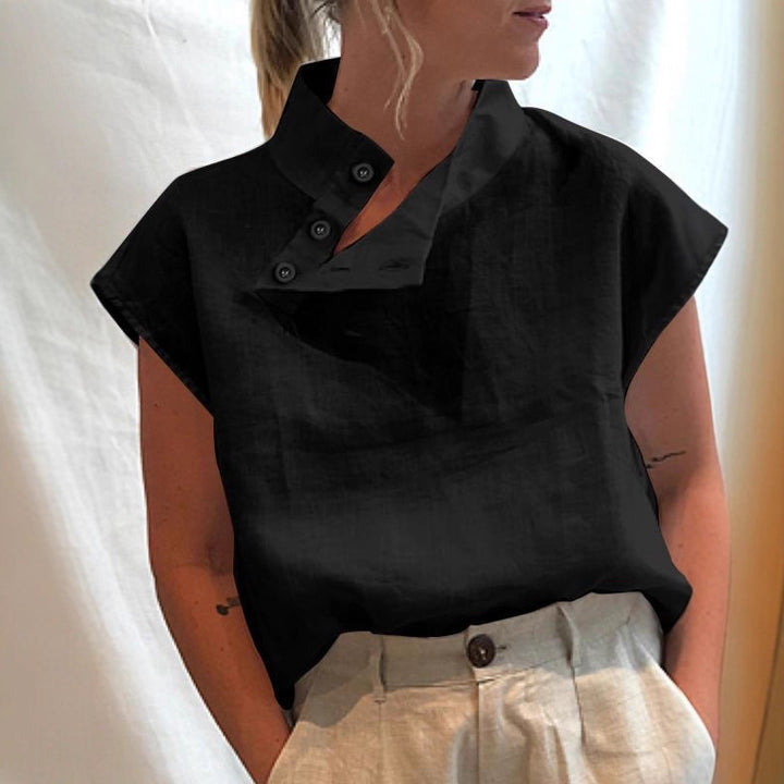Damen moderne Bluse mit Stehkragen und eleganten Knopfdetails Drune