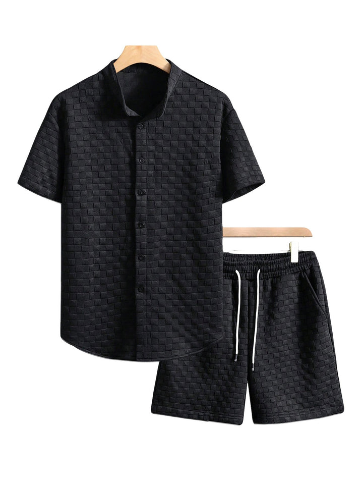 Herren nan zweiteiliges Sommerensemble mit Stehkragen-Hemdjacke und elastischen Komfort-Shorts in geprägter Karo-Textur Drune
