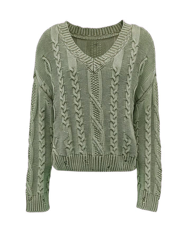 Damen Strickpullover mit Zopfmuster und V-Ausschnitt Drune