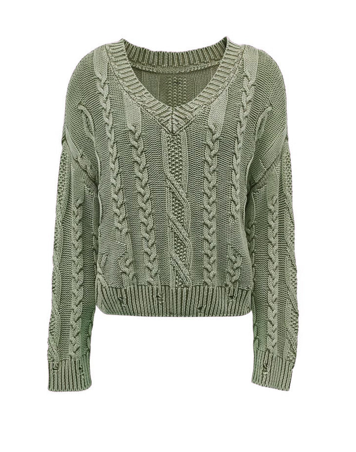 Damen Strickpullover mit Zopfmuster und V-Ausschnitt Drune