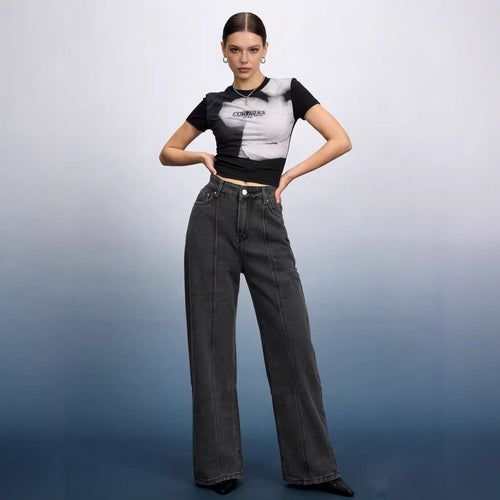 Damen Hoch taillierte weite Jeans mit raffinierten Nahtdetails Drune