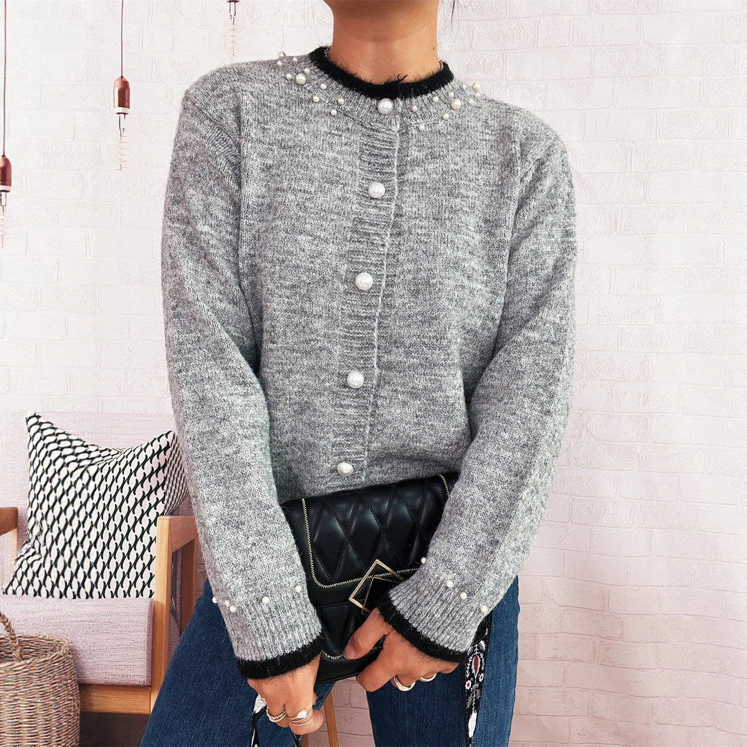 Damen edle Strickjacke mit dekorativen Knopfdetails und Perlenverzierungen Drune