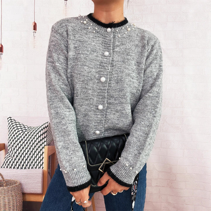 Damen edle Strickjacke mit dekorativen Knopfdetails und Perlenverzierungen Drune